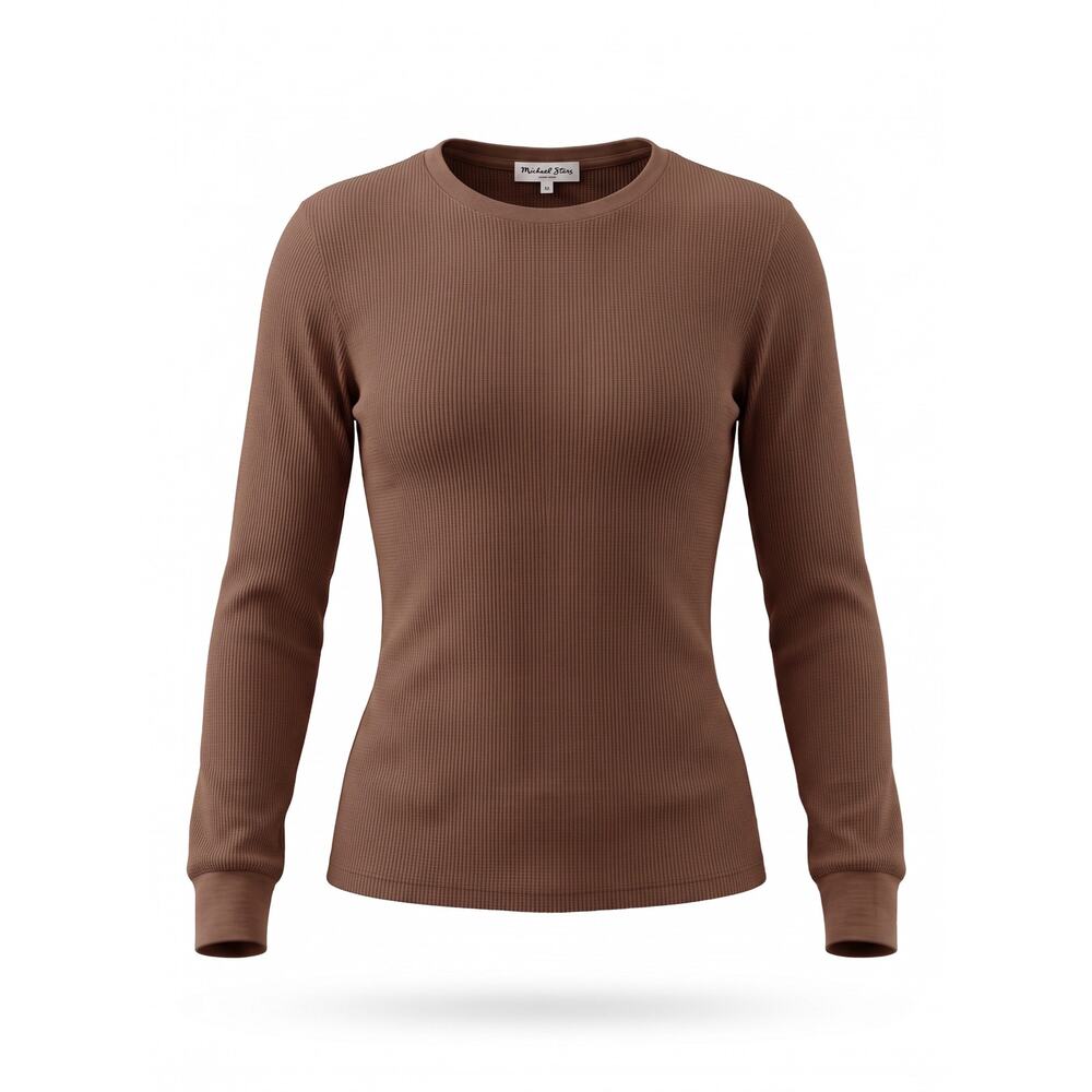 Michael Stars Women’s M Y2K Brown Ribbed Crewneck Long-Sleeve Waffle-Knit Top